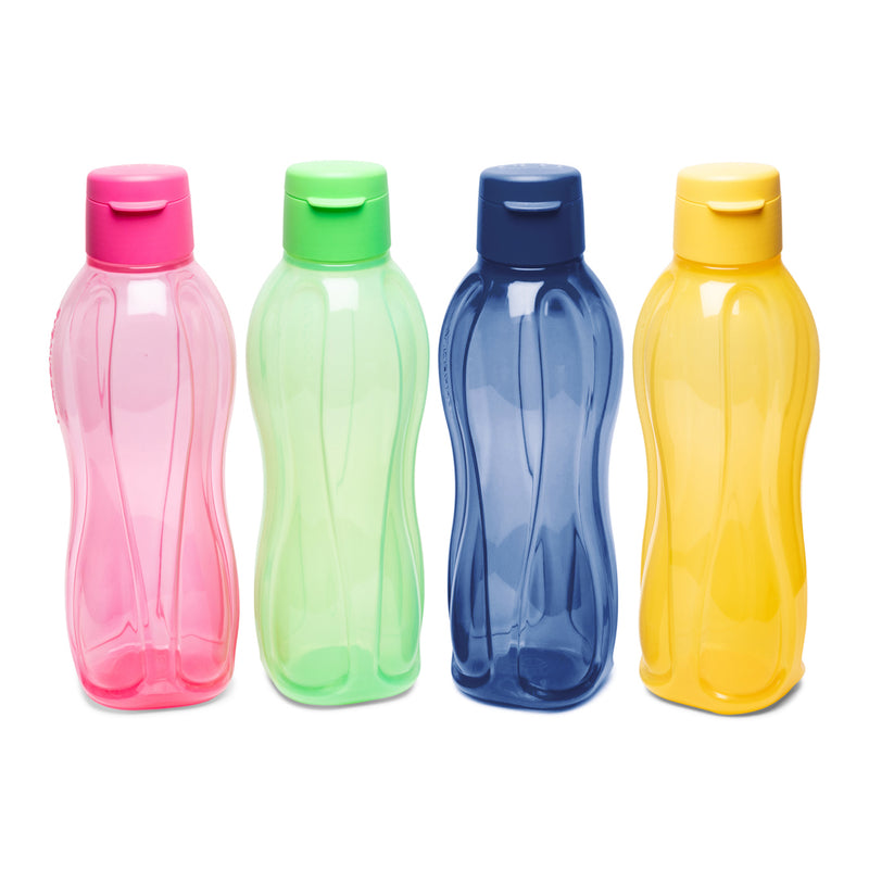 Tupperware Aquasafe Plastic Fliptop Bottle Set, 1 Litre, Set of 4, Multicolour