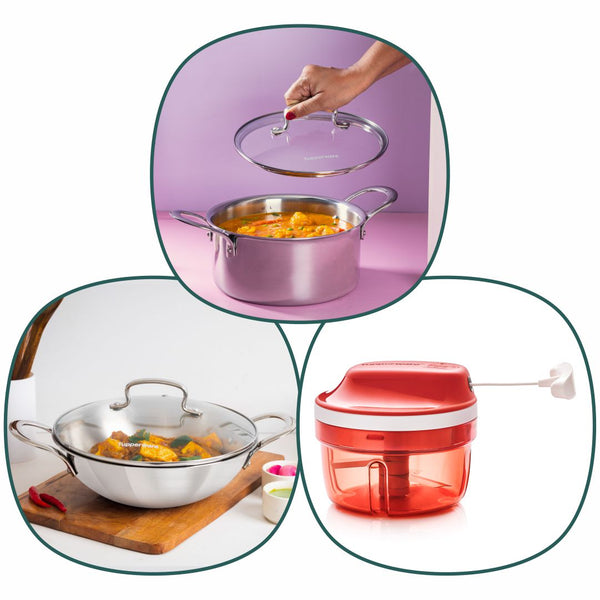 TRAYAM CASSEROLE 3.1 L With LID + TRAYAM KADHAI 24CM W/ LID + Gen 2 Turbo Chopper