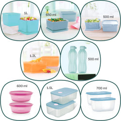 Cubix(1L+650ml)2 pcs +Keep tab (Small+Medium)2 pcs+SS Bowl 600ml 2pcs+Fridgemate(1.5L+700ml)2 pcs+Aquasafe500ml 2 pcs