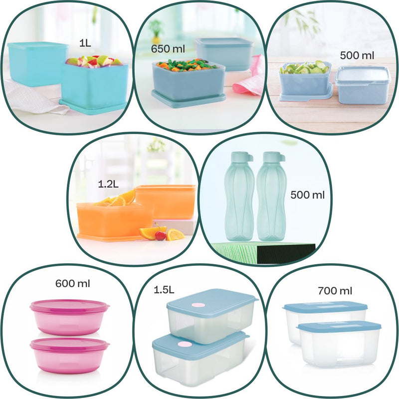 Cubix(1L+650ml)2 pcs +Keep tab (Small+Medium)2 pcs+SS Bowl 600ml 2pcs+Fridgemate(1.5L+700ml)2 pcs+Aquasafe500ml 2 pcs